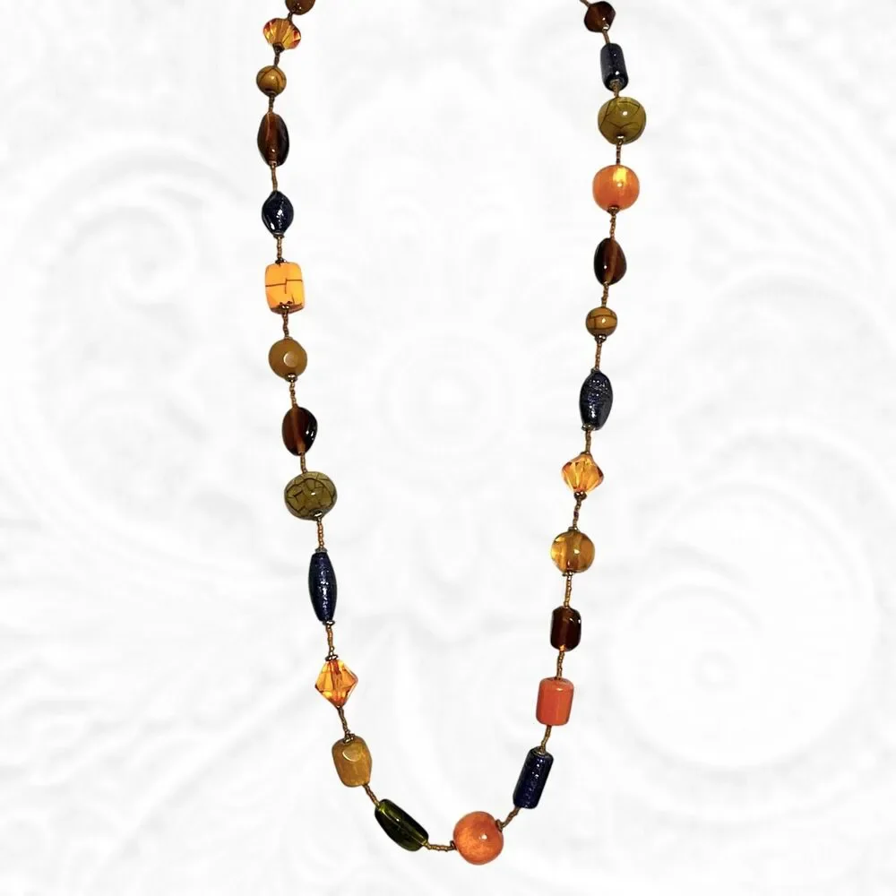 VTG Mixed Media Beaded Necklace Long Layering Boho Chunky Glass Glitter Autumn